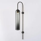 Modern glass wall lamp with black arm, angled detail