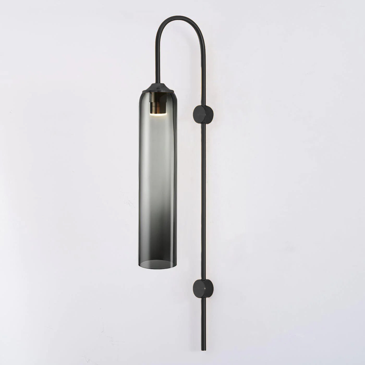 Modern glass wall lamp with black arm, angled detail