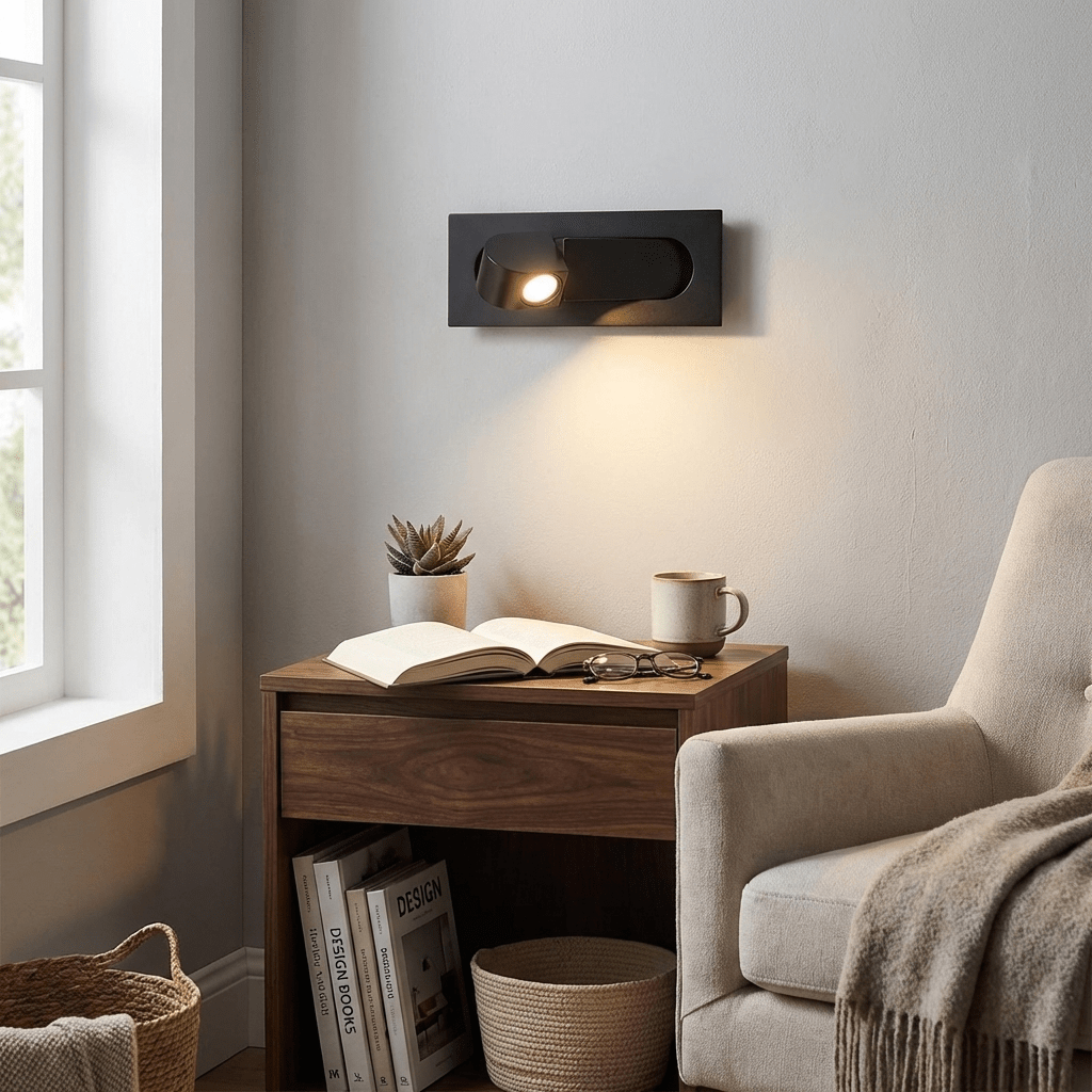 LED bedside reading light with adjustable head aimed at a page