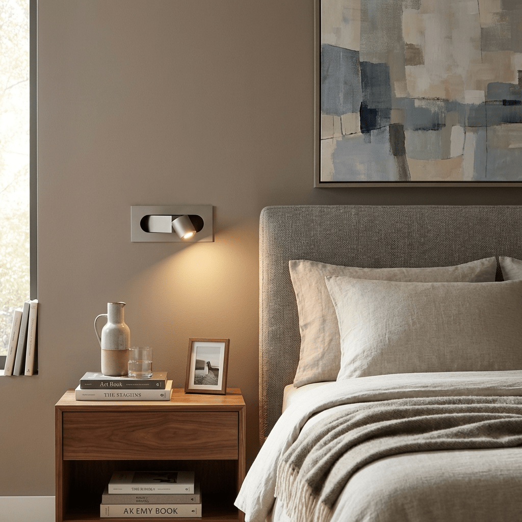 LED bedside reading light casting a soft warm glow at the headboard