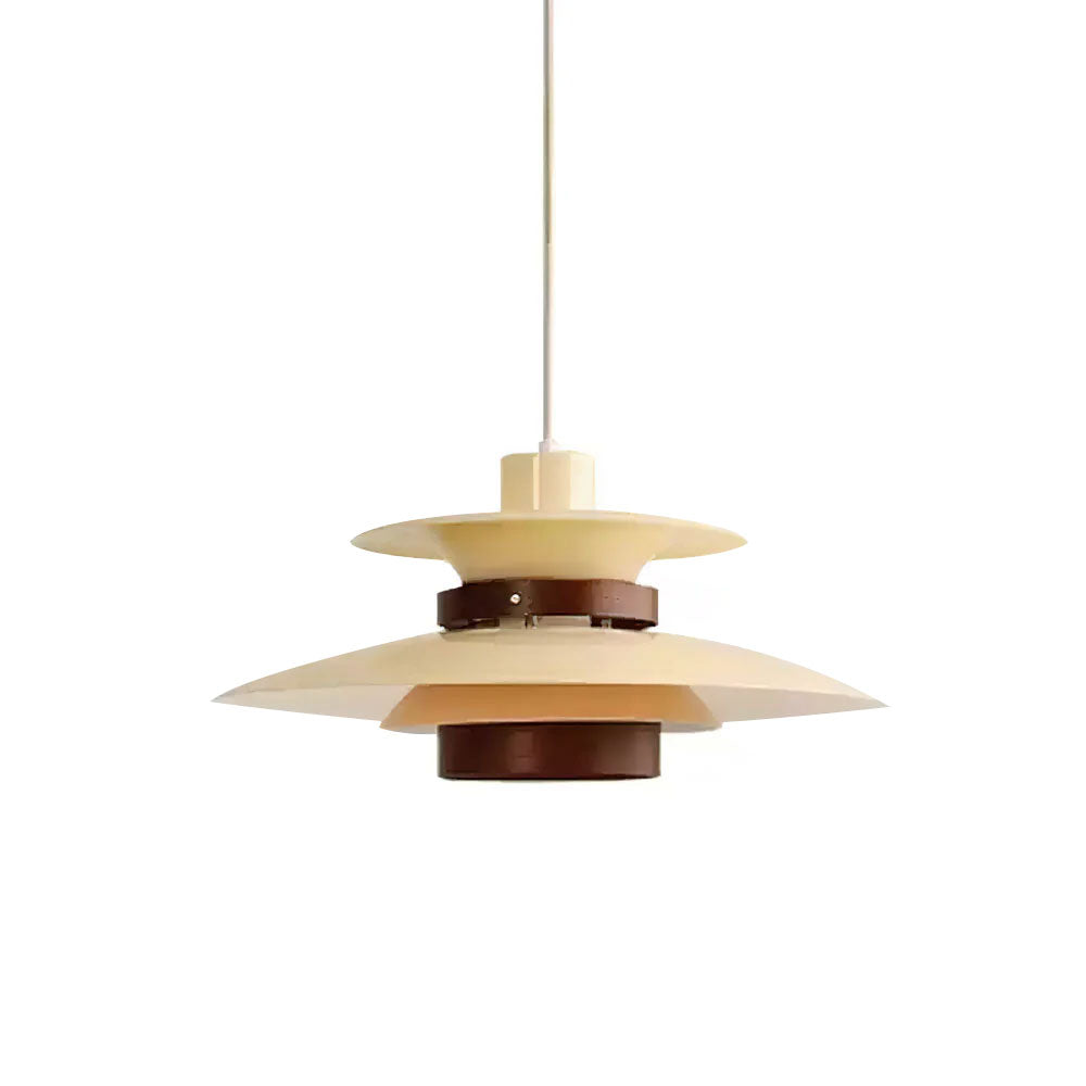 Angled view of the beige shades and walnut ring on this unlit Clérachic pendant.