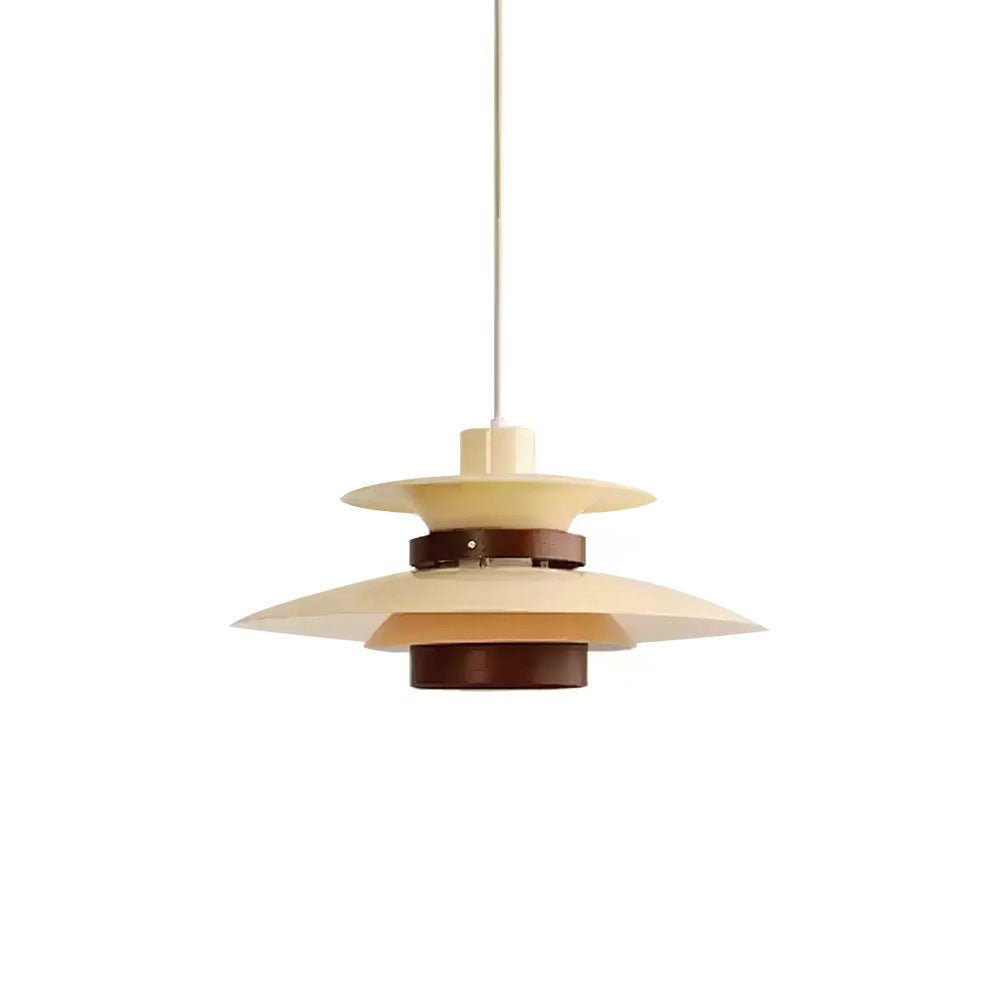 Front view of the beige shades and walnut ring on this Clérachic pendant, cord full length.