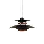 Front view of the black shades and walnut ring on this Clérachic pendant, cord full length.