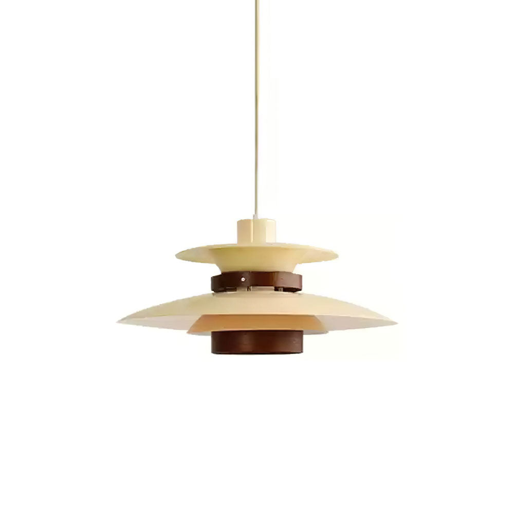 Angled view of the beige shades and walnut ring on this Clérachic pendant, unlit.