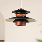 Angled view of the black shades and walnut ring on this Clérachic pendant, seen from below.
