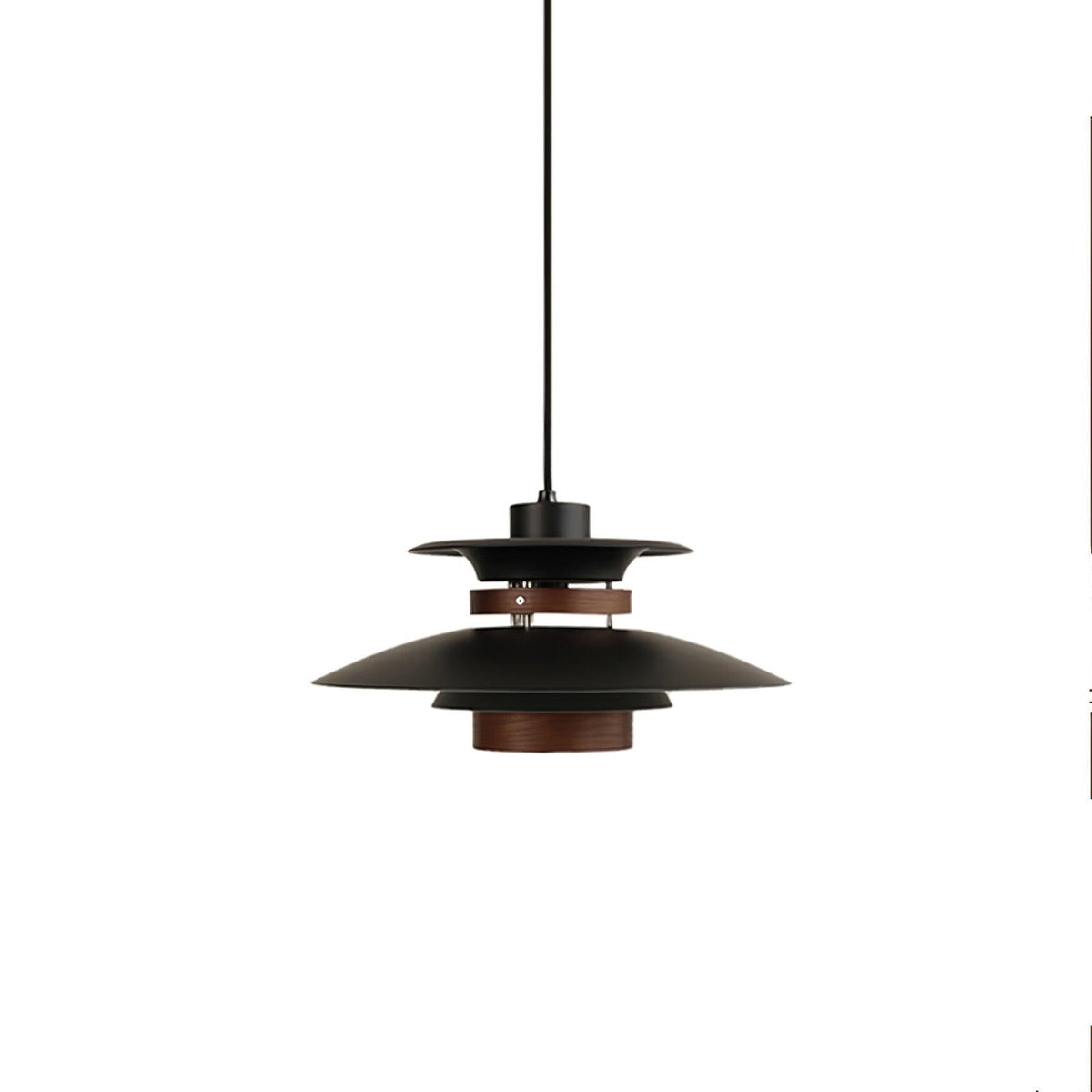 Side view of the black shades and walnut ring on this Clérachic pendant, on white.