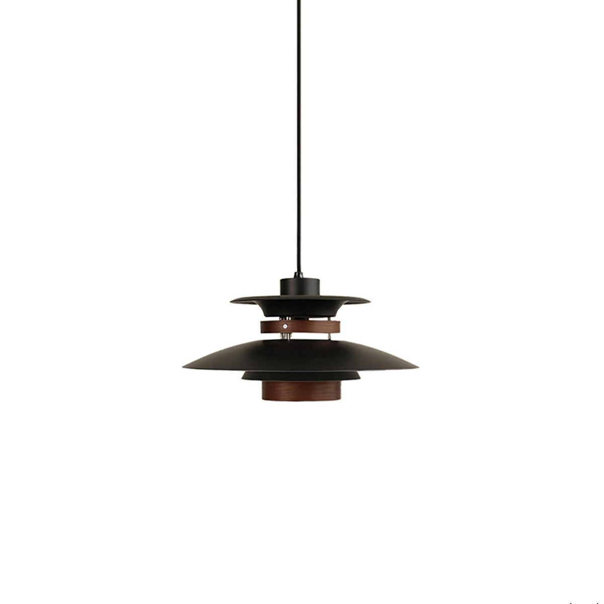 A small black Clérachic pendant with a walnut ring, shown on a plain white backdrop.