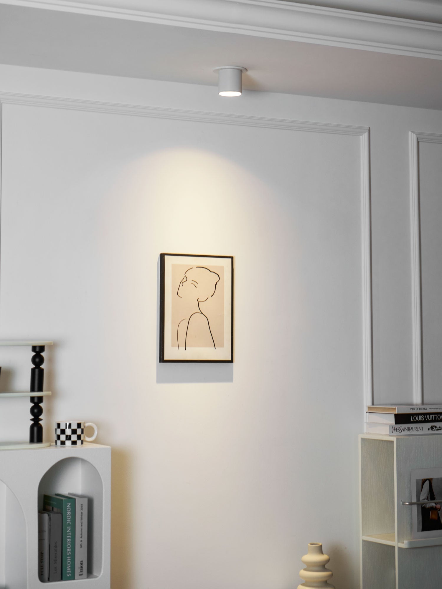 Modupoint ceiling light with a deep ridged rim mounted on a modern ceiling