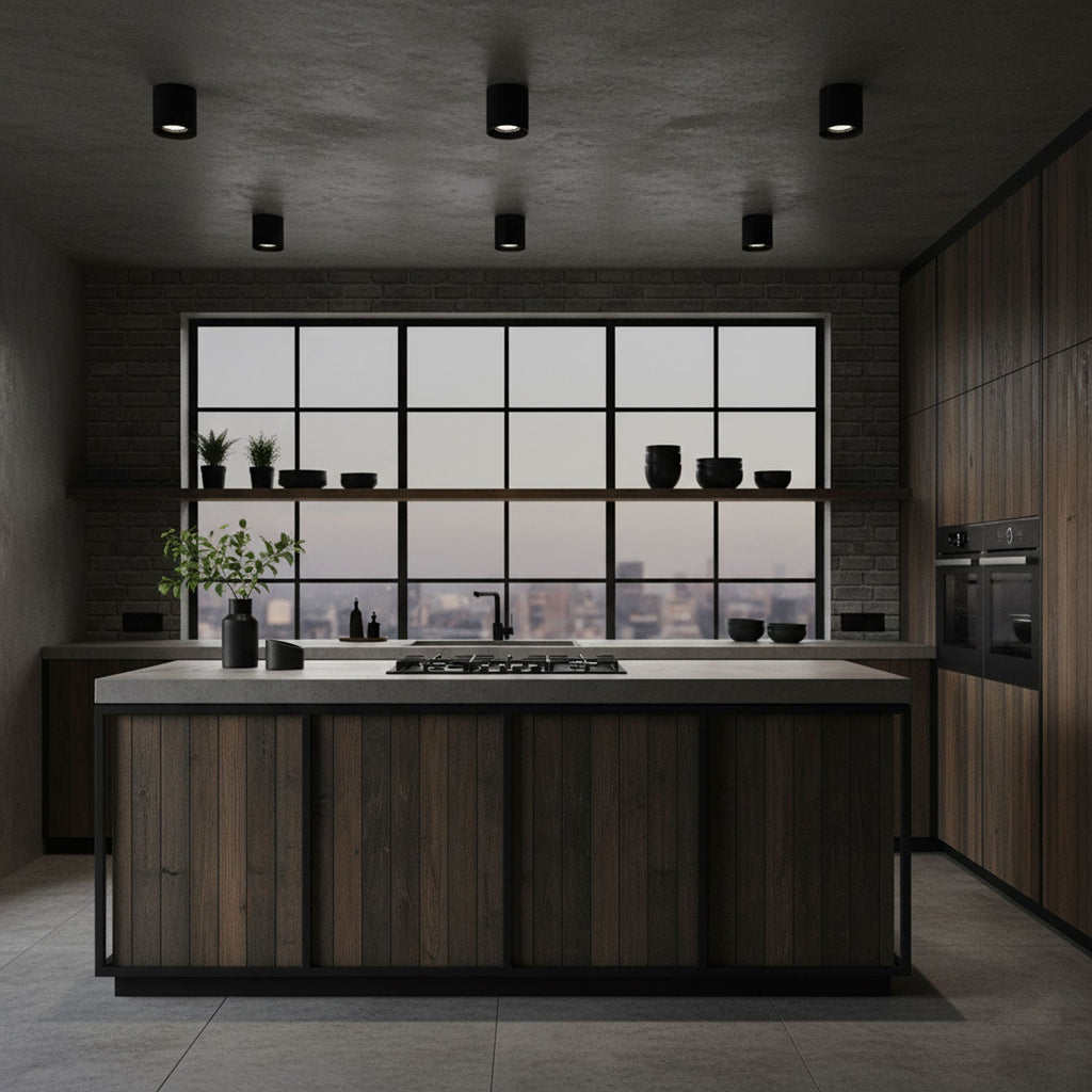 Modupoint ceiling light with a deep ridged rim mounted on a modern ceiling