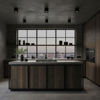 Modupoint ceiling light with a deep ridged rim mounted on a modern ceiling