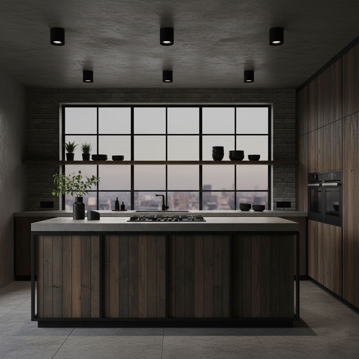 Modupoint ceiling light with a deep ridged rim mounted on a modern ceiling