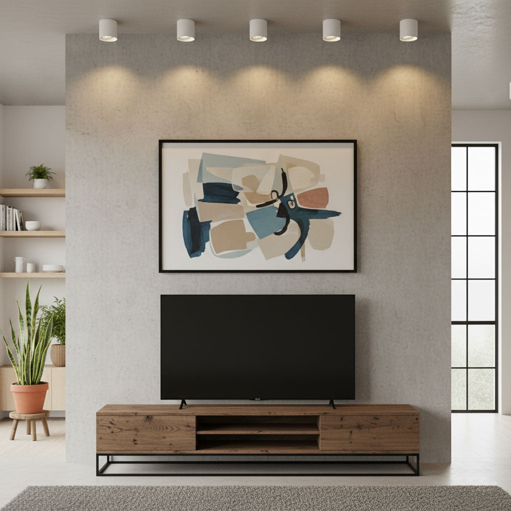 Modupoint ceiling light shown lit in a warm white tone in a styled interior