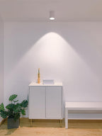 Modupoint ceiling light close detail of the ridged rim and flat acrylic lens