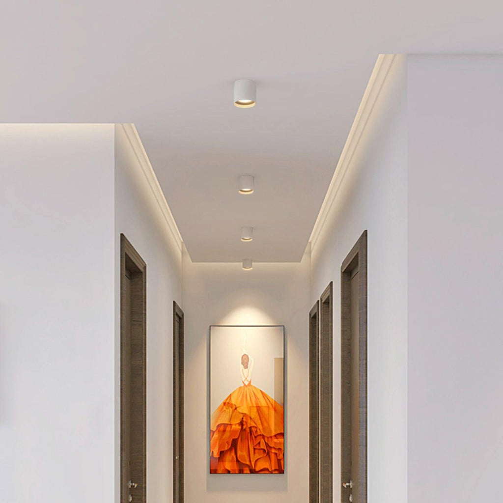 Modupoint ceiling light shown lit in a warm white tone in a styled interior