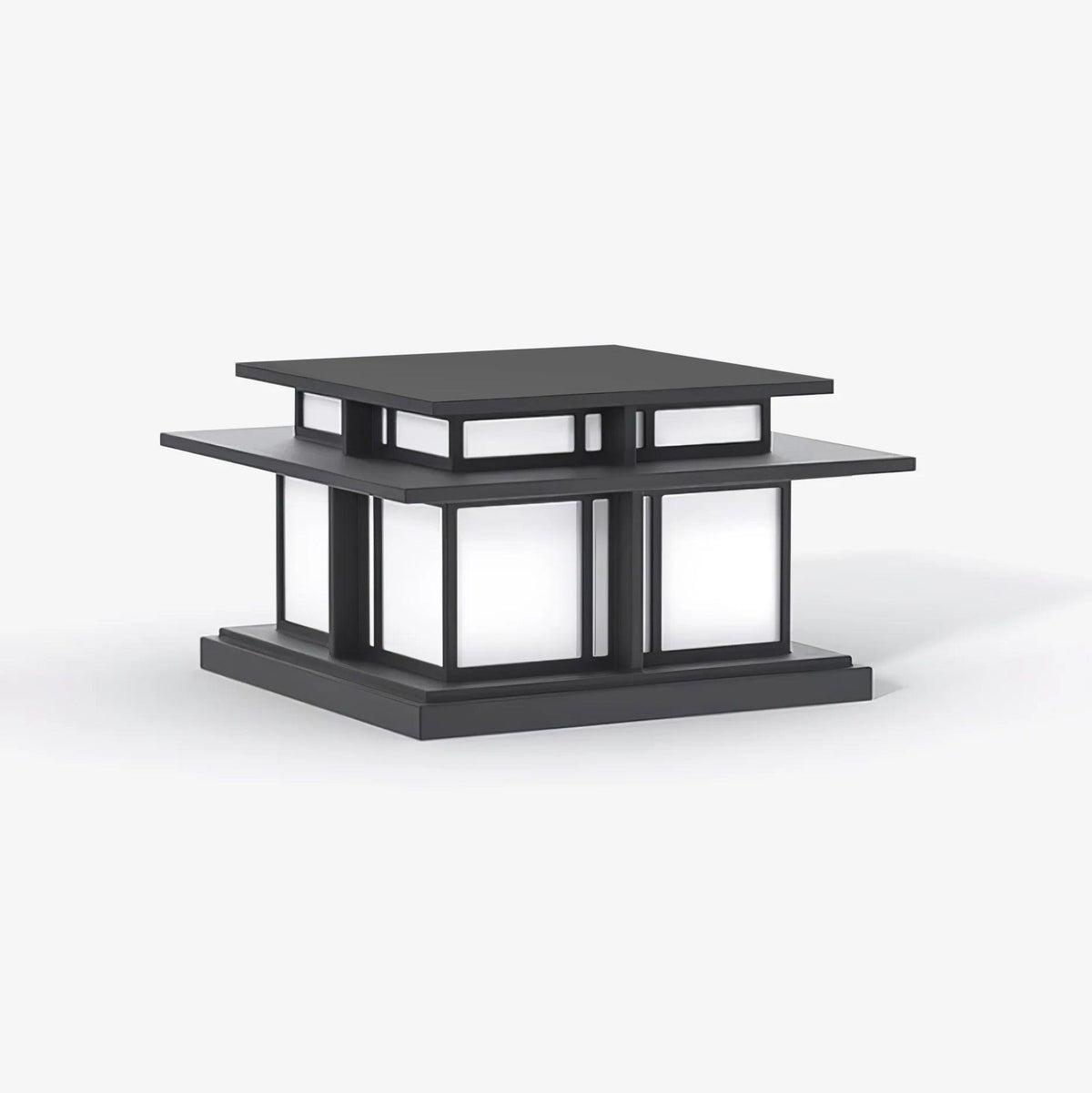 Unlit, this Clérachic pillar light sits on a plain grey backdrop, showing its dark frame and frosted glass panels.