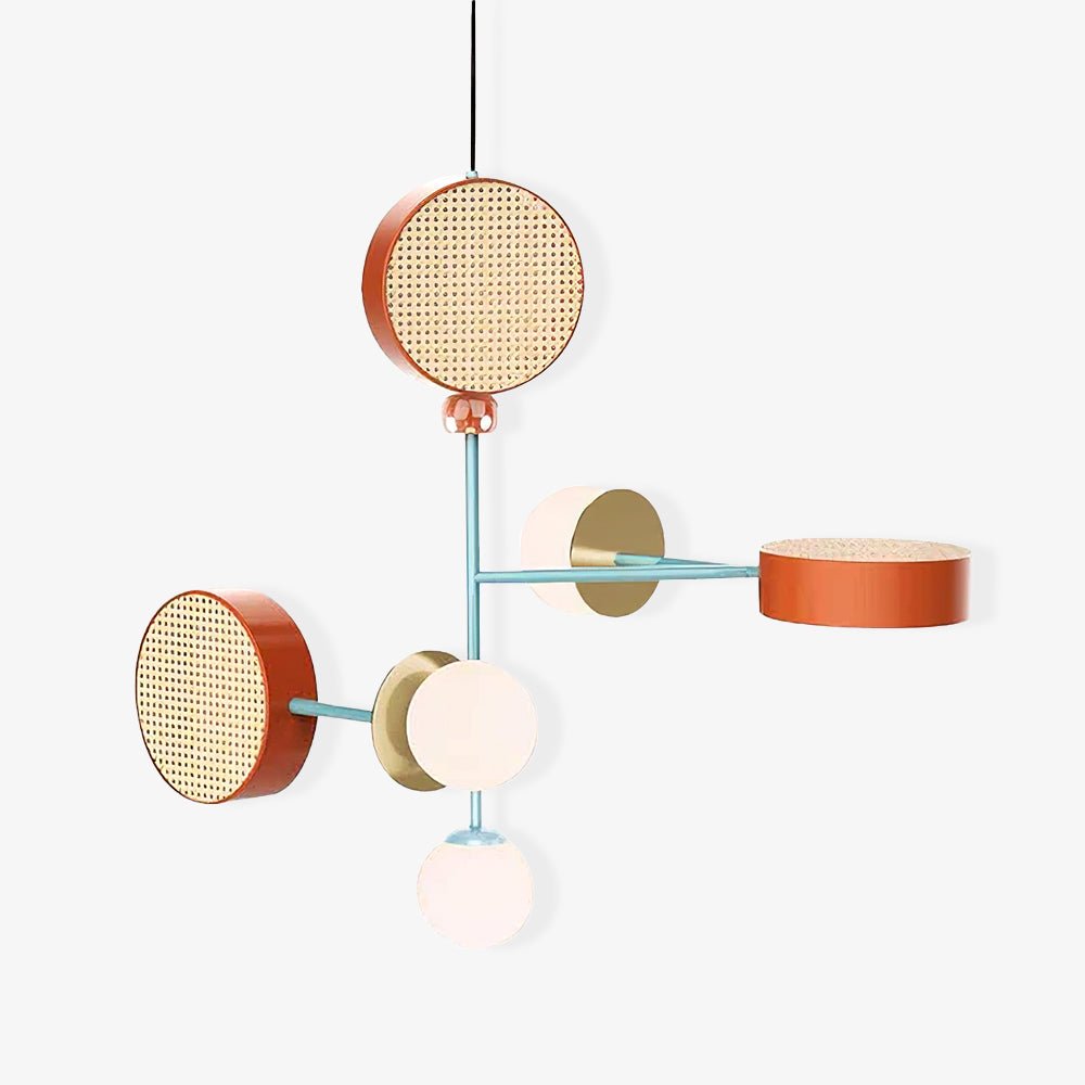 Five-arm Clérachic chandelier in rust, teal and blush cane drums, photographed complete against a plain white studio background.