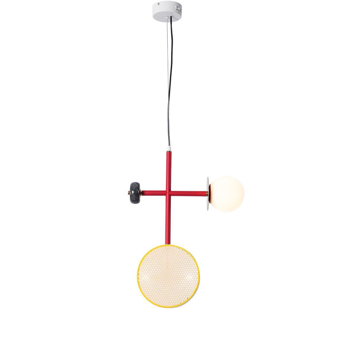 Full studio shot of a Clérachic two-armed pendant with red rod, dark bead joint, cane drum and opal glass globe, ceiling plate visible above.