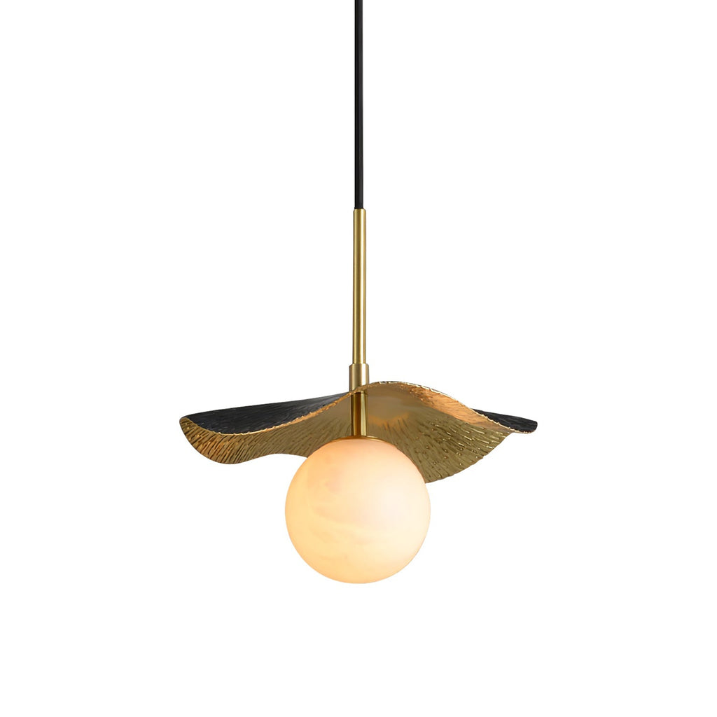 Zaraeen pendant light on a white background, wavy brass leaf shade above an unlit alabaster globe
