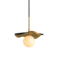 Zaraeen pendant light on a white background, wavy brass leaf shade above an unlit alabaster globe