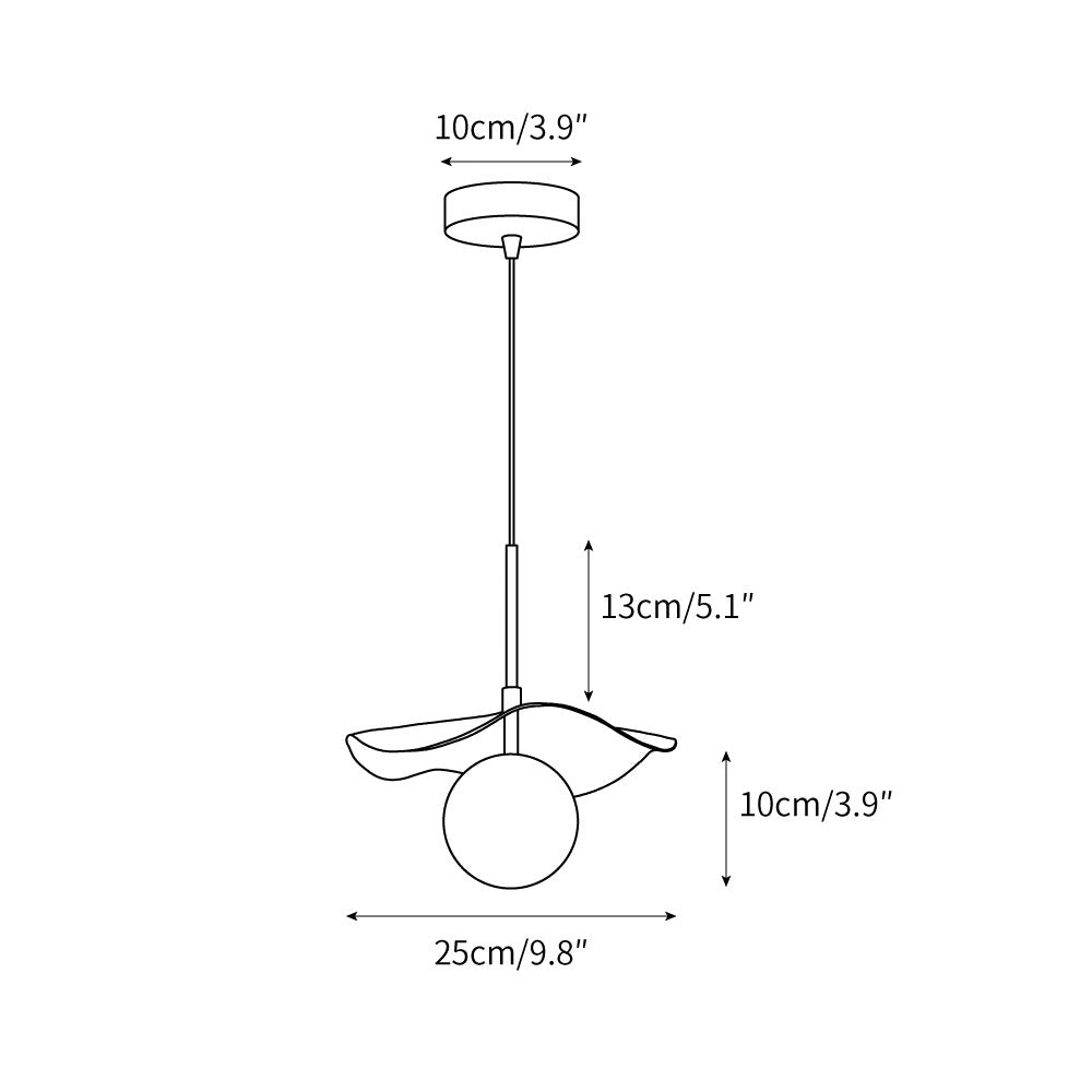 Dimension drawing for the Zaraeen pendant: 25 cm/9.8 in shade, 10 cm/3.9 in globe and canopy, 13 cm/5.1 in stem