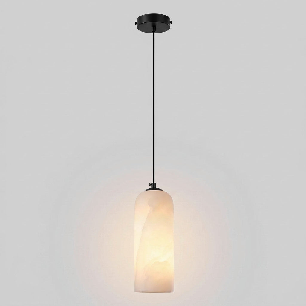 Monty alabaster pendant glowing warm through the natural stone shade