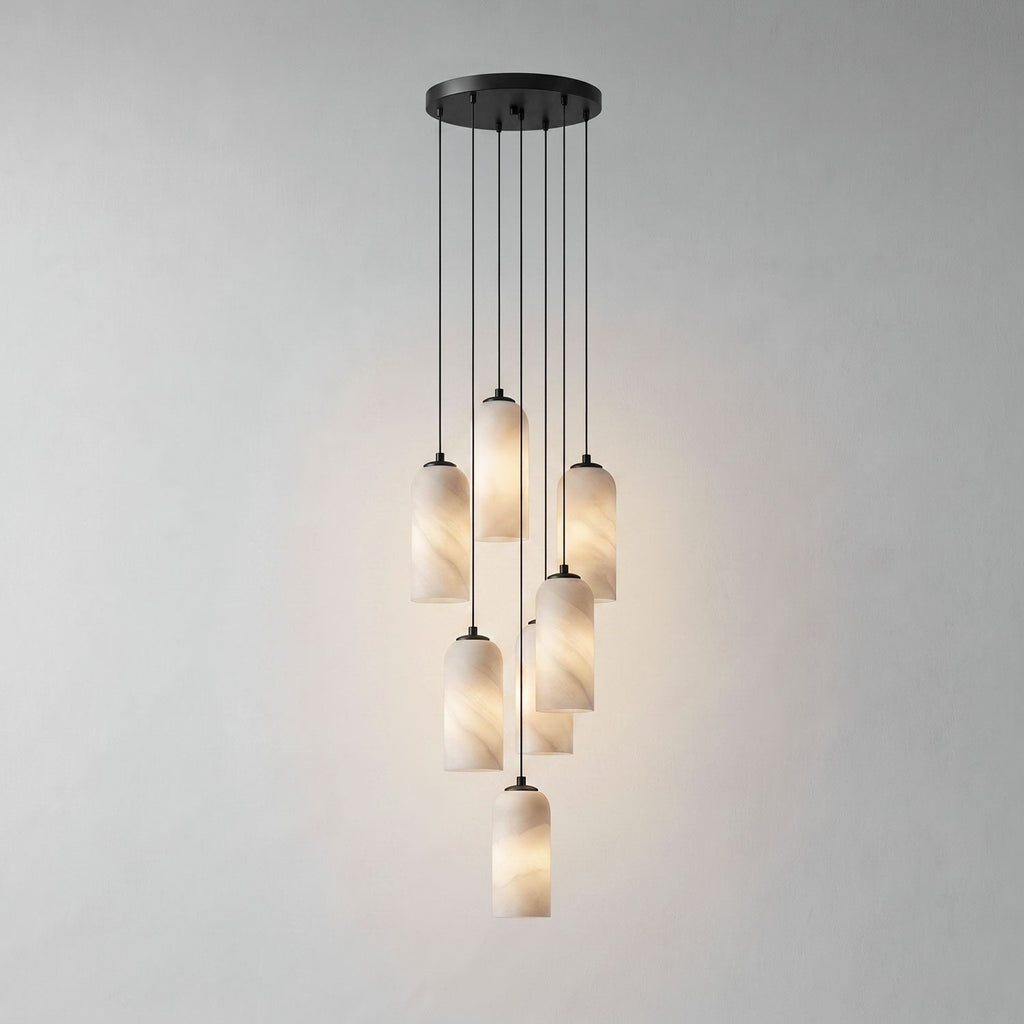 Monty alabaster pendant 7-head cluster styled in a foyer