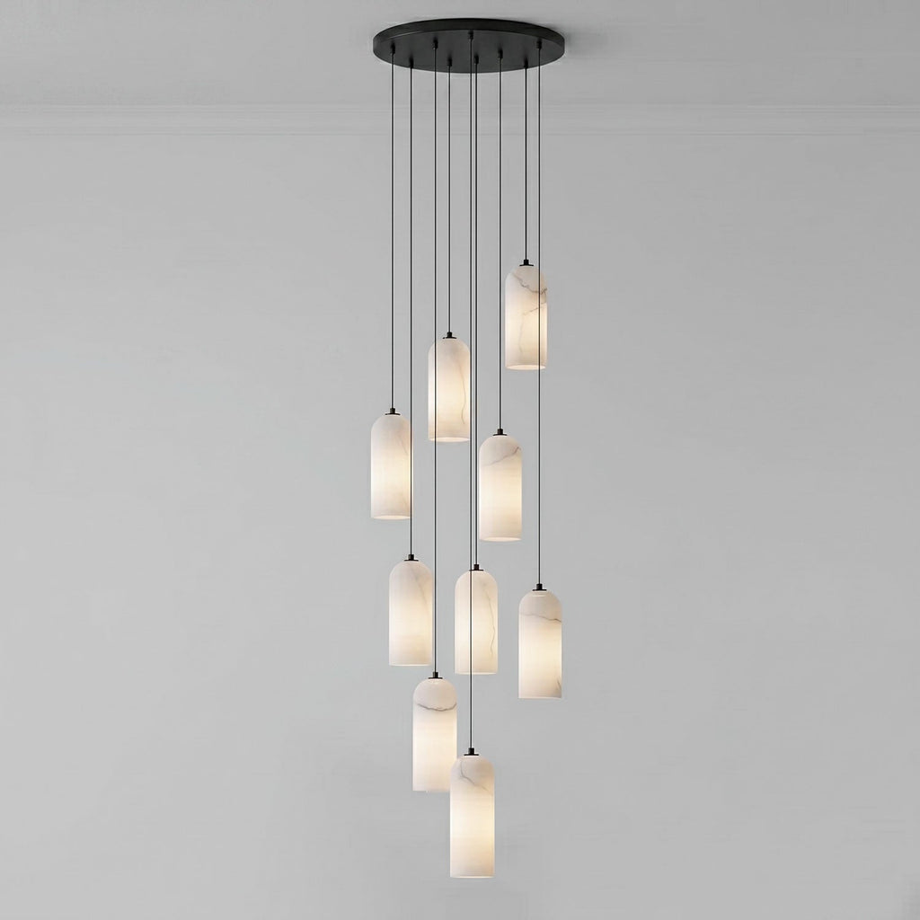 Monty alabaster pendant 9-head cluster lit in a stairwell