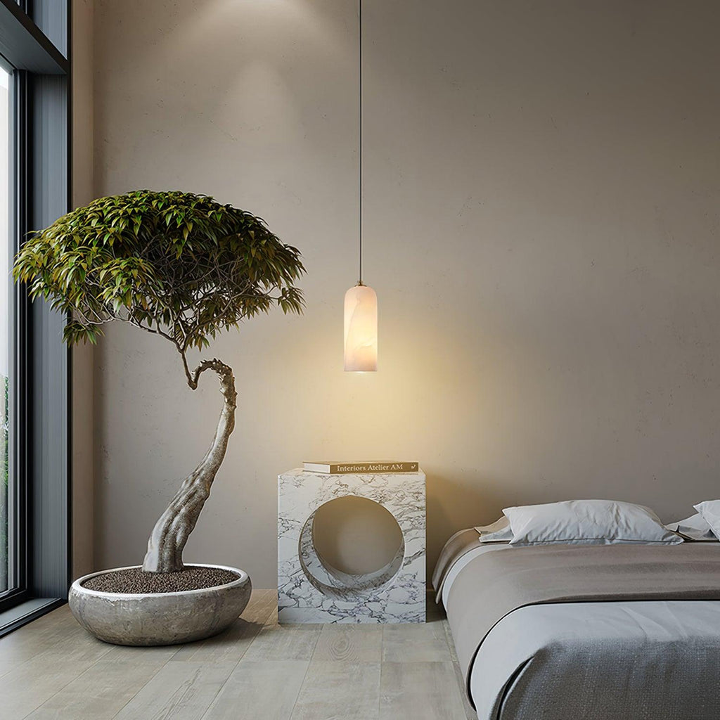 Monty alabaster pendant styled in a warm interior scene