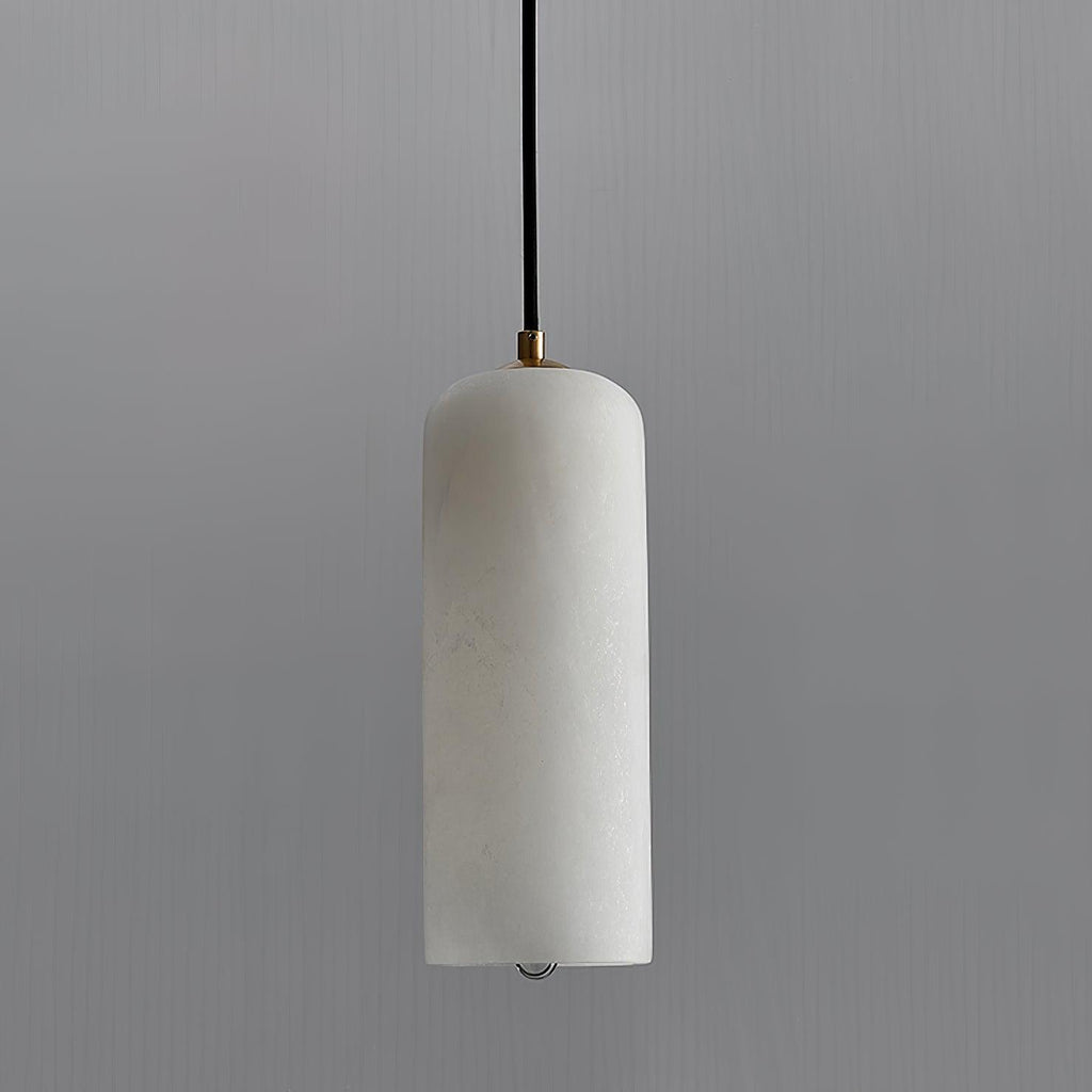 Unlit Hecate pendant against grey, the alabaster reading cool white with faint grey veining.