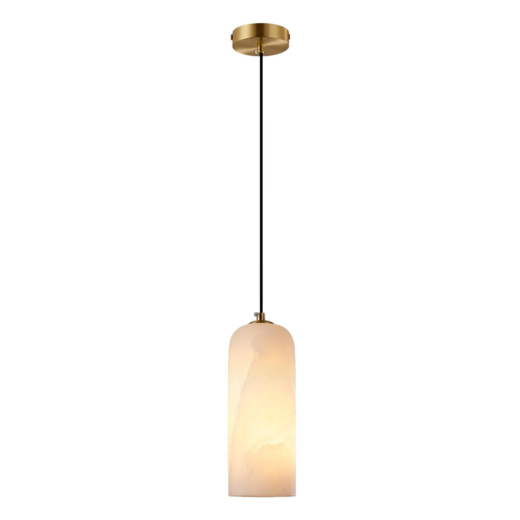 Full view of the Zashayra pendant with its round brass ceiling canopy and long black cord.