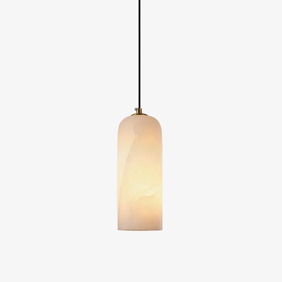 Hecate alabaster pendant photographed straight on against white, the stone's natural veining clearly visible.