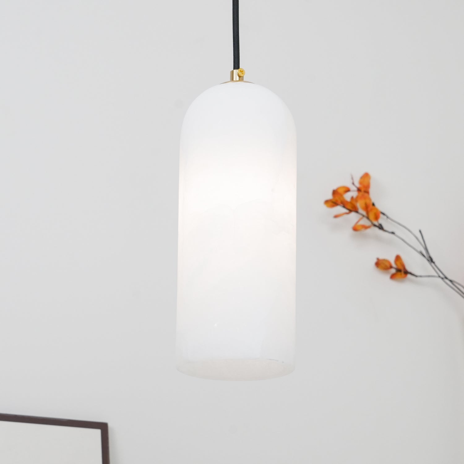 Hecate alabaster pendant lit beside a dried orange branch on a white wall.