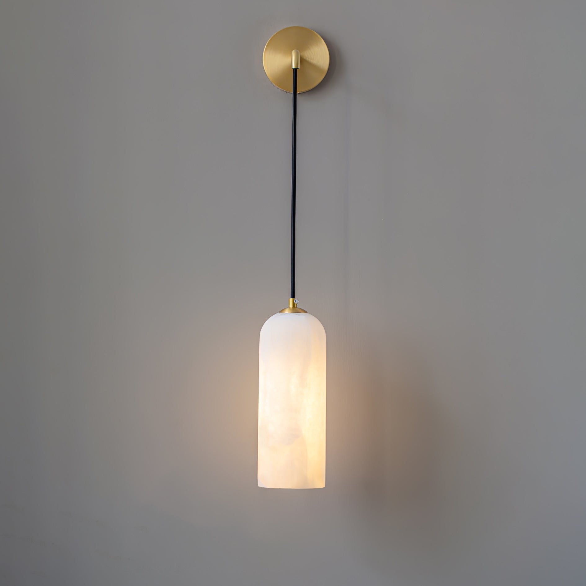 Vaelara sconce viewed head-on, the round brass wall plate and straight black cord above the lit shade
