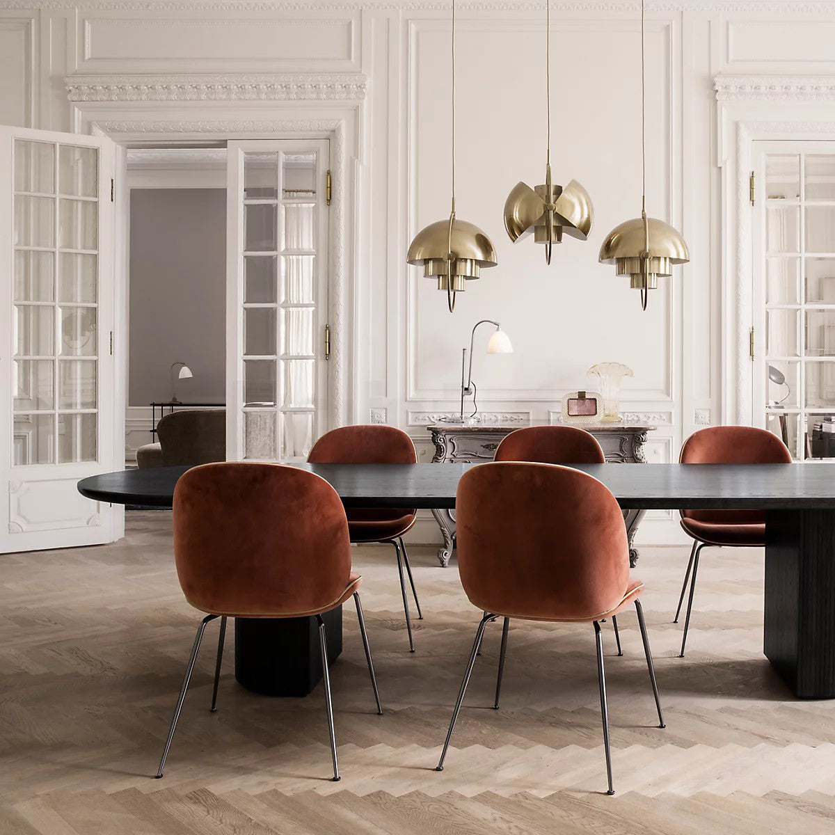 Multi-Lite pendant light shown from below highlighting the adjustable shade halves