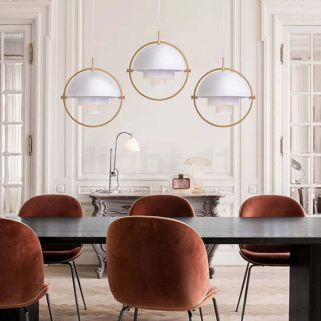Multi-Lite pendant light arranged for sculptural indirect light in a living space