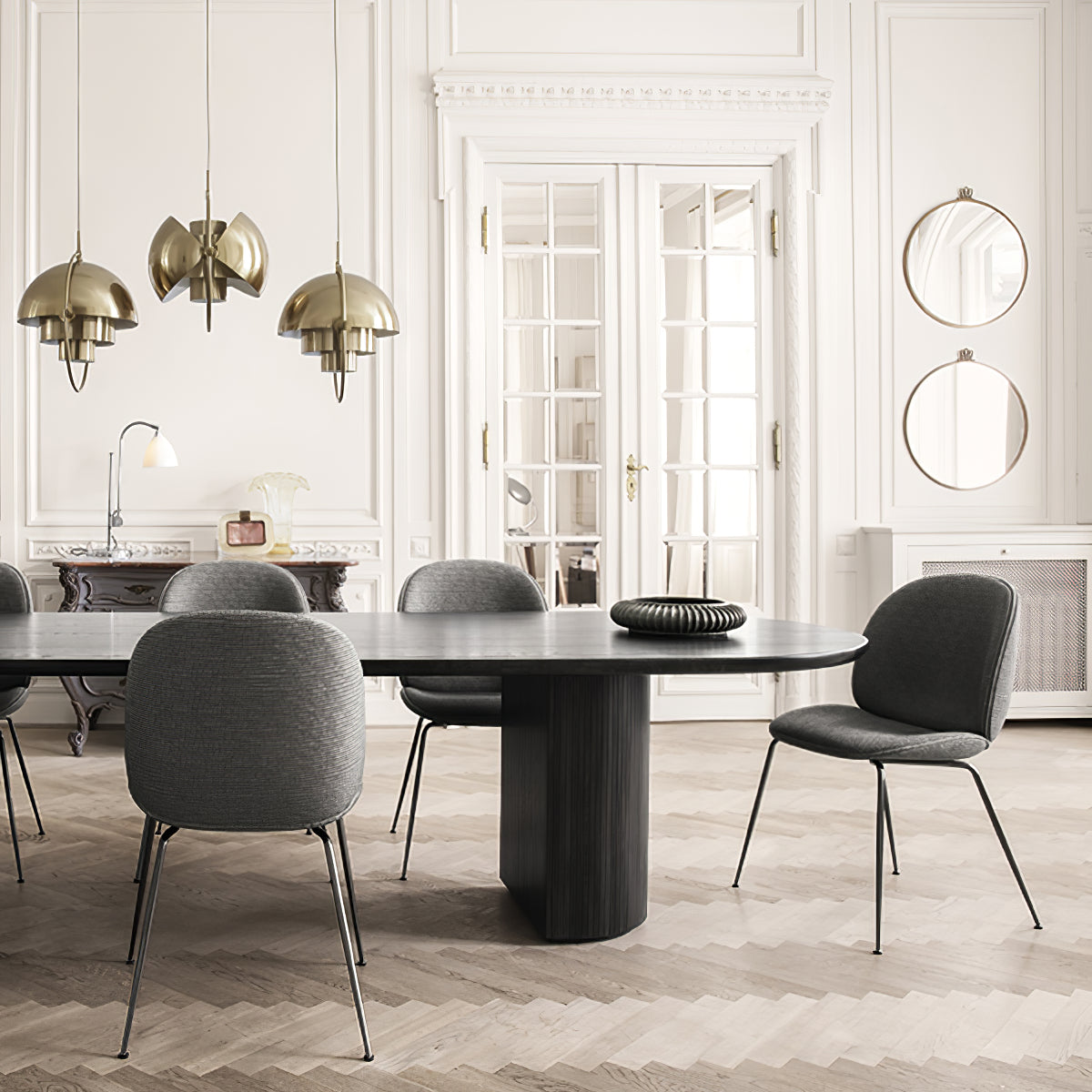 Multi-Lite pendant light shown with the shade halves turned for a soft ceiling glow