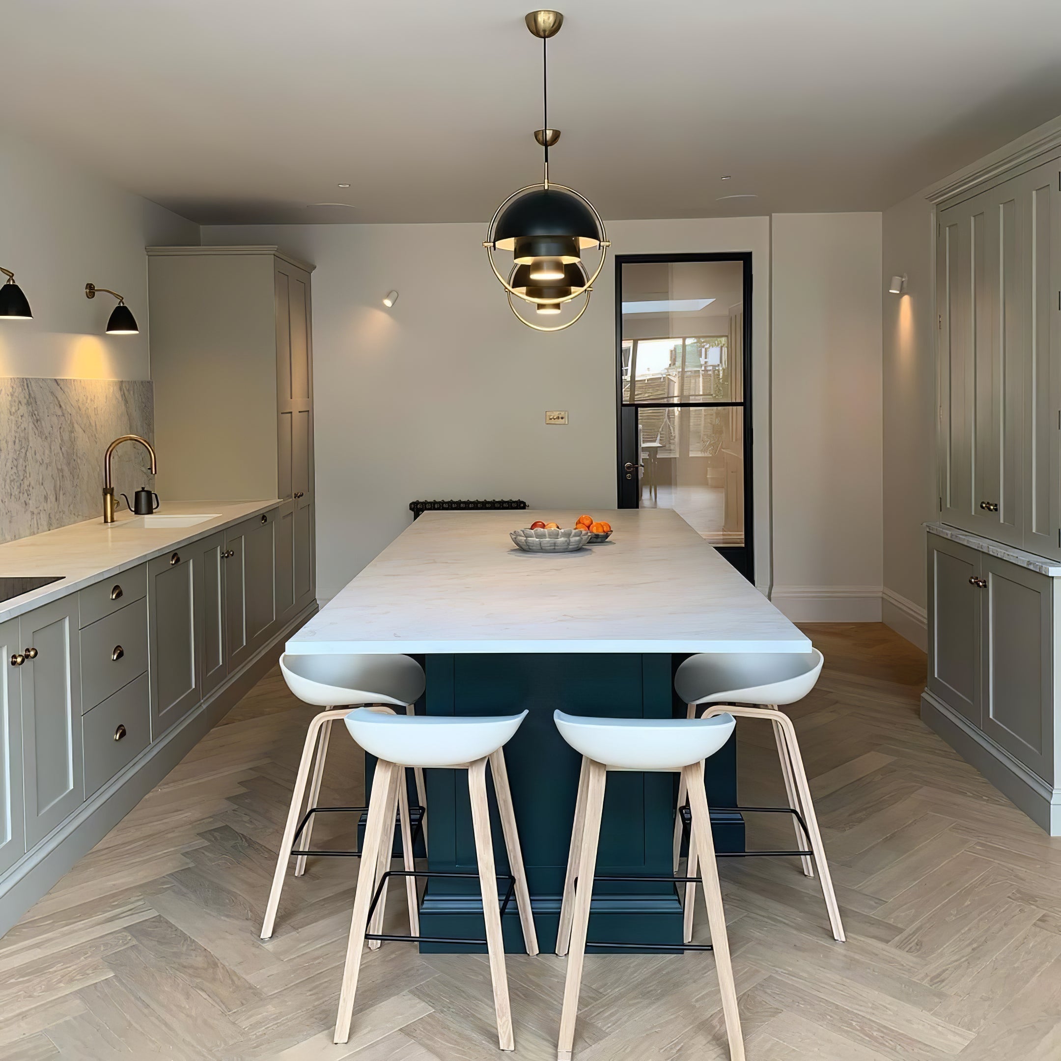 Multi-Lite pendant light shown from below highlighting the adjustable shade halves
