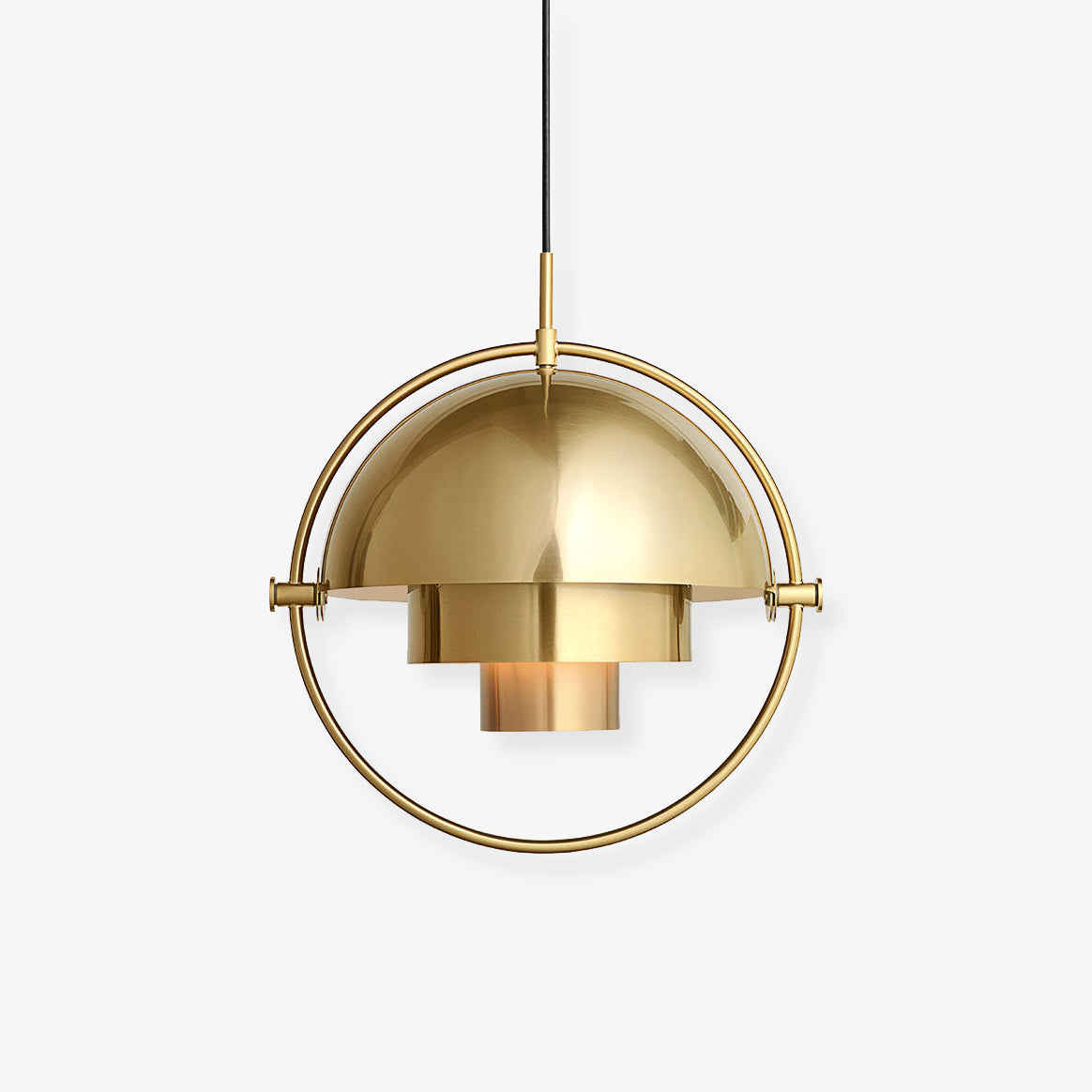Multi-Lite pendant light with two movable hemisphere halves hanging in a styled interior