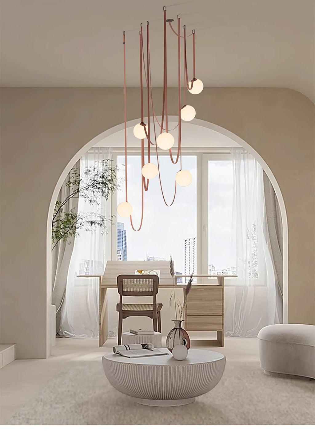 Multiple Belt Art Pendant Light full fixture in a styled space