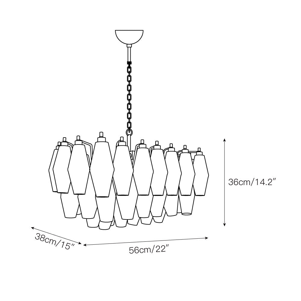 Line drawing of a chandelier with dimensions labeled