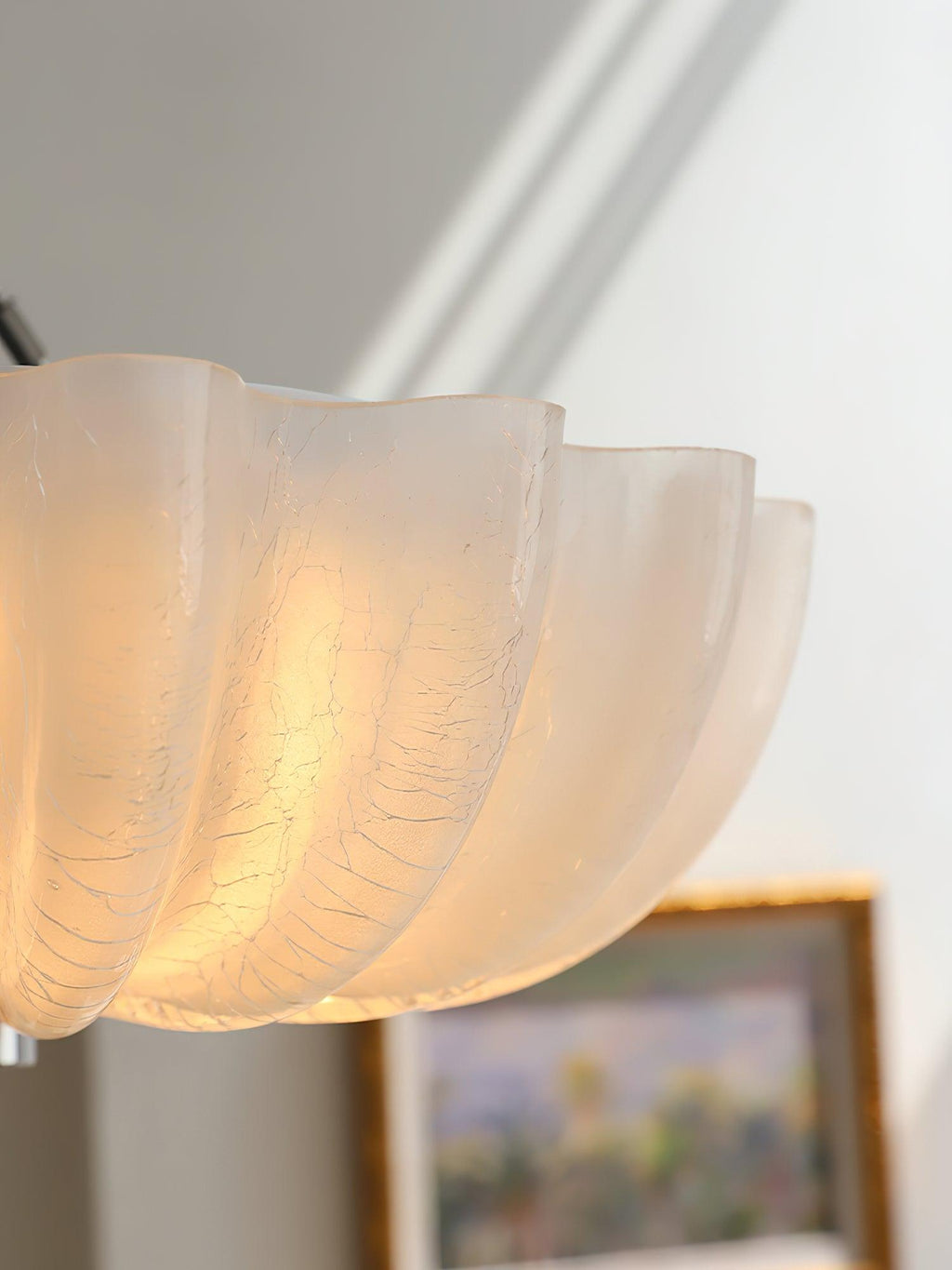 Murano Glass Flush Ceiling Light lit warm in an interior
