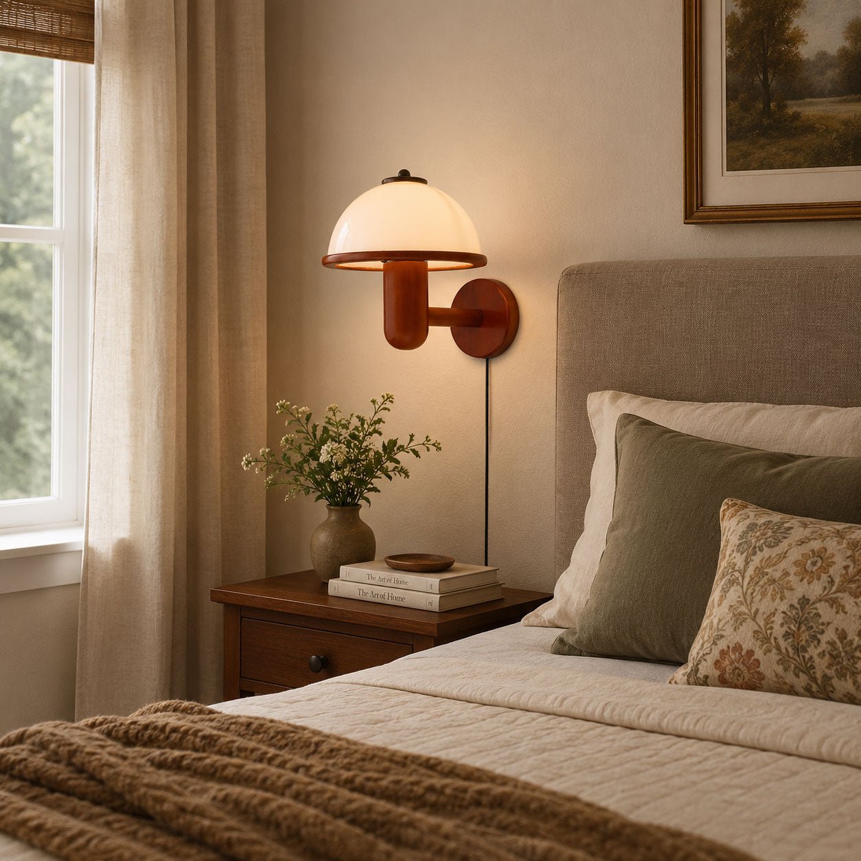 Dark oak mushroom wall lamp glowing softly above a living room sofa