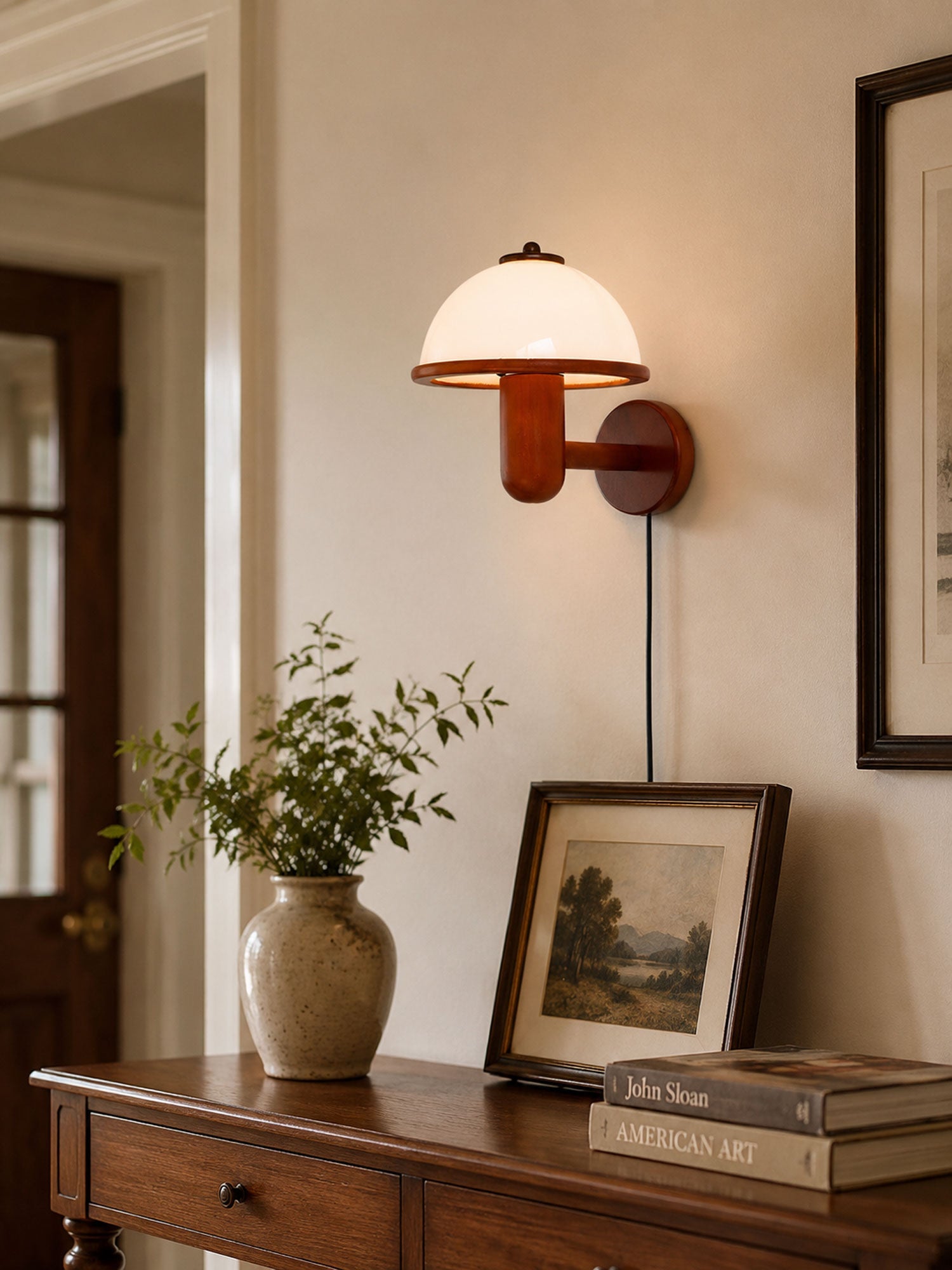 Close-up of the natural oak grain on the mushroom wall lamp body