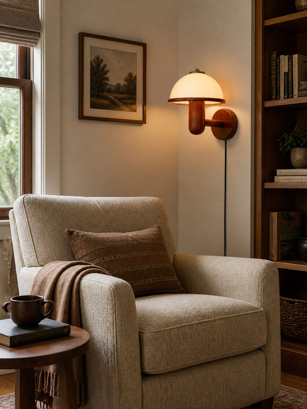Side profile of the oak mushroom wall lamp showing its rounded shade