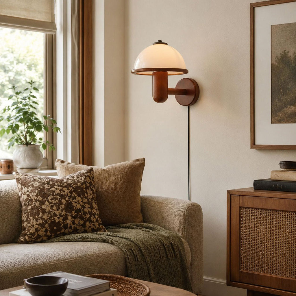 Dark oak mushroom wall lamp shown switched off against a pale wall