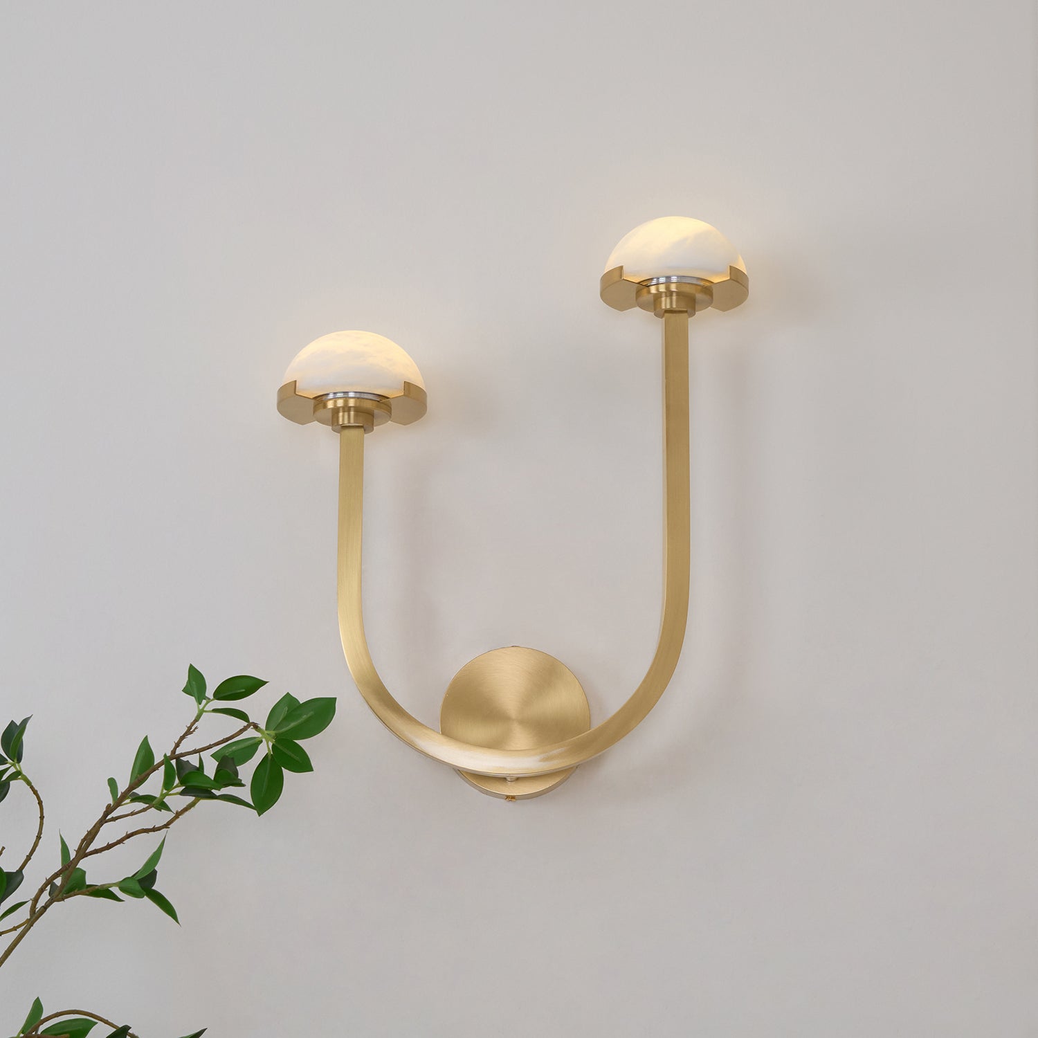 Satin brass Vitalira Double Alabaster Wall Light lit on a white wall with a green branch in frame.