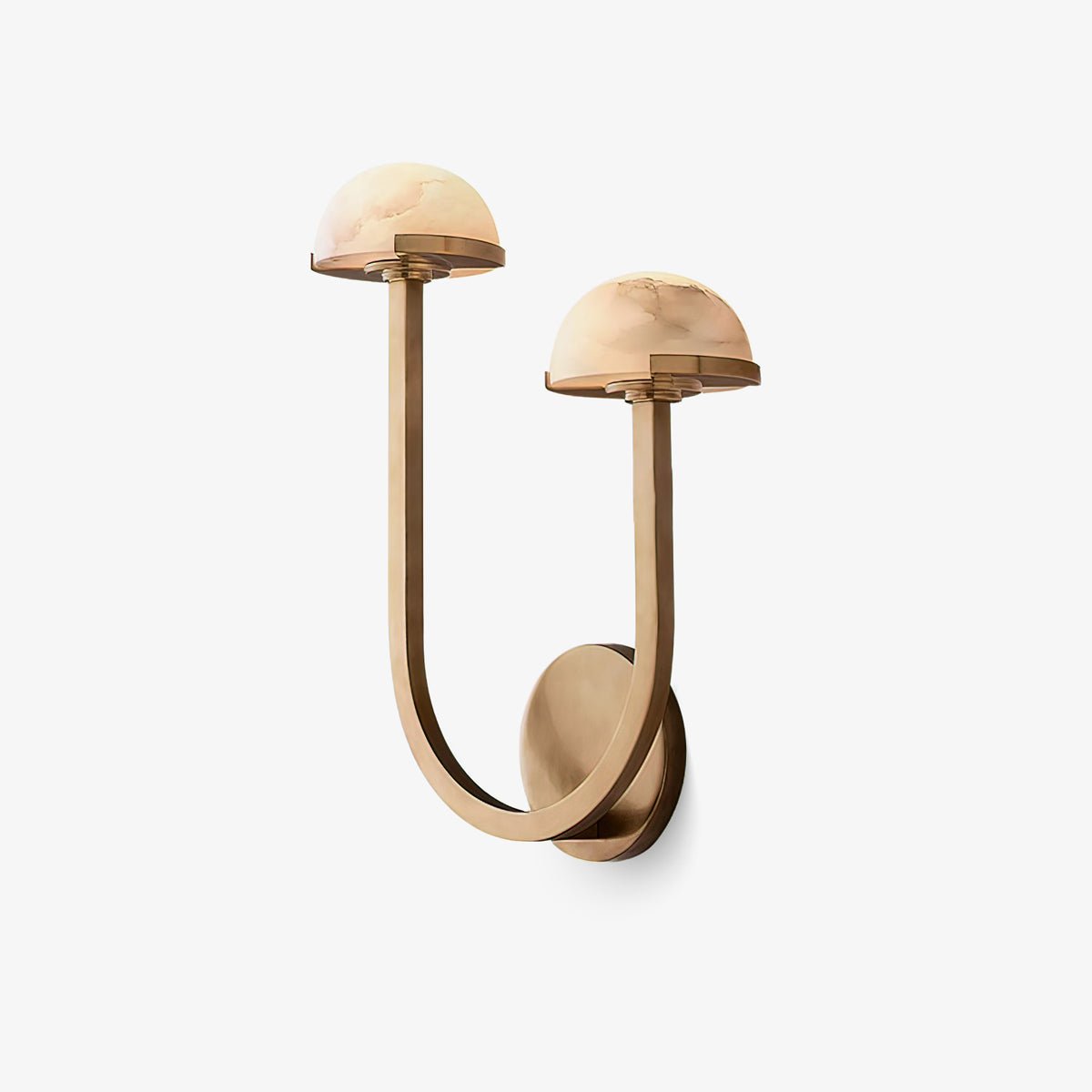 Vitalira Double Alabaster Wall Light in brass on a soft grey studio backdrop, shades unlit.