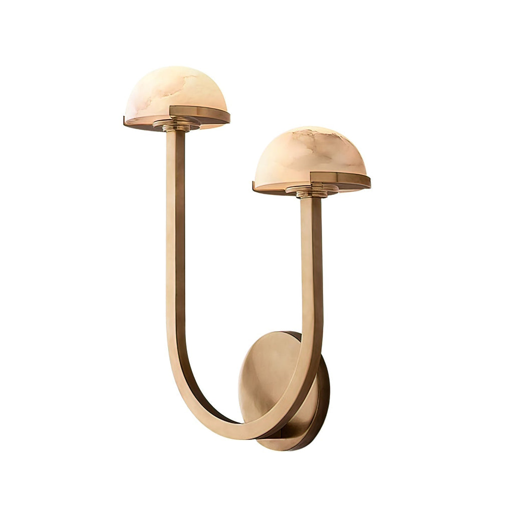 Brass Vitalira Double Alabaster Wall Light shown against white, both alabaster domes facing forward.