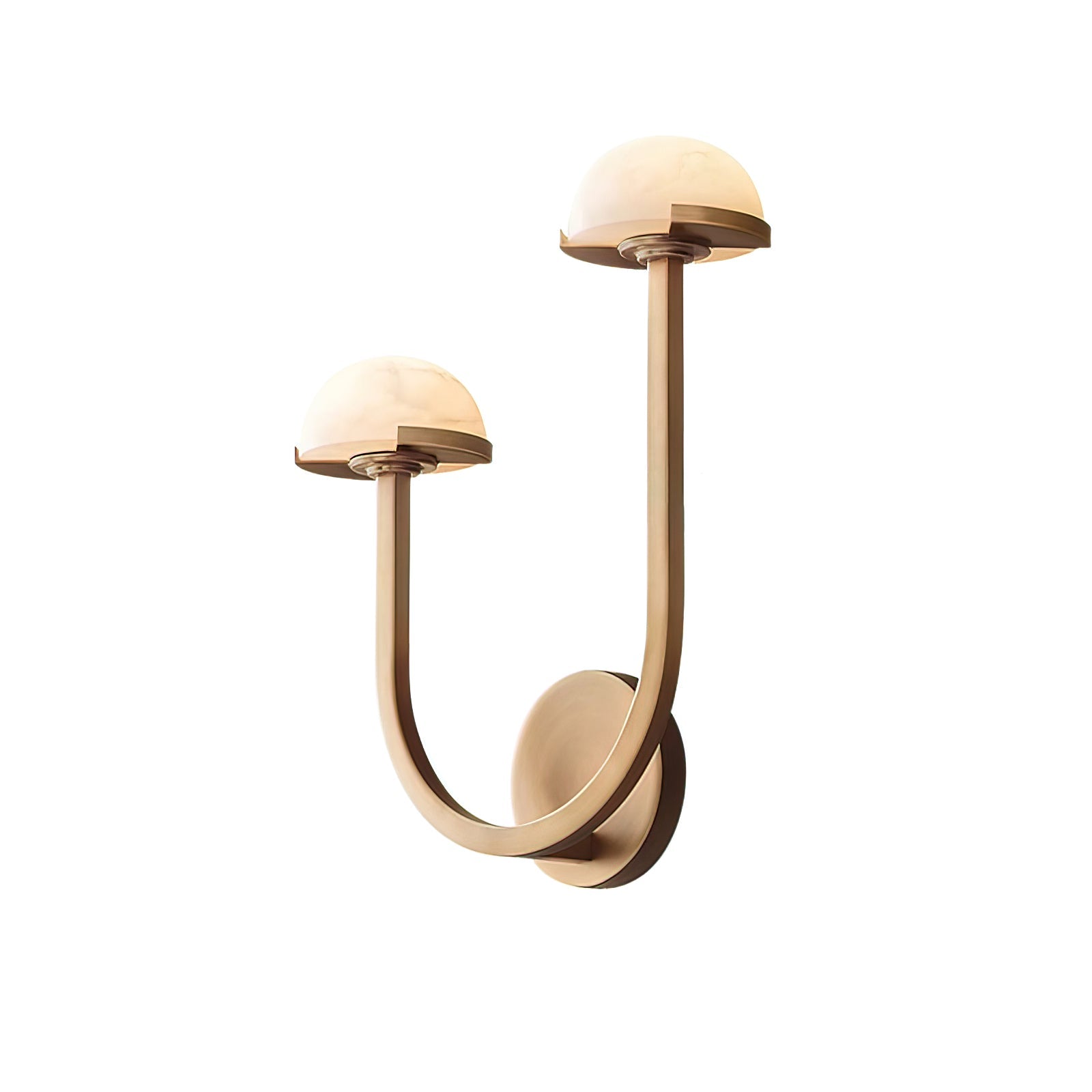 Brass Vitalira double wall light seen from the side, its two alabaster domes stepped at different heights.