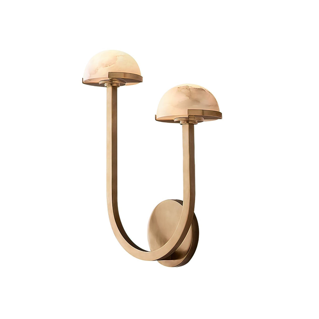 Brass Vitalira Double Alabaster Wall Light on white, the two arms rising to different heights.